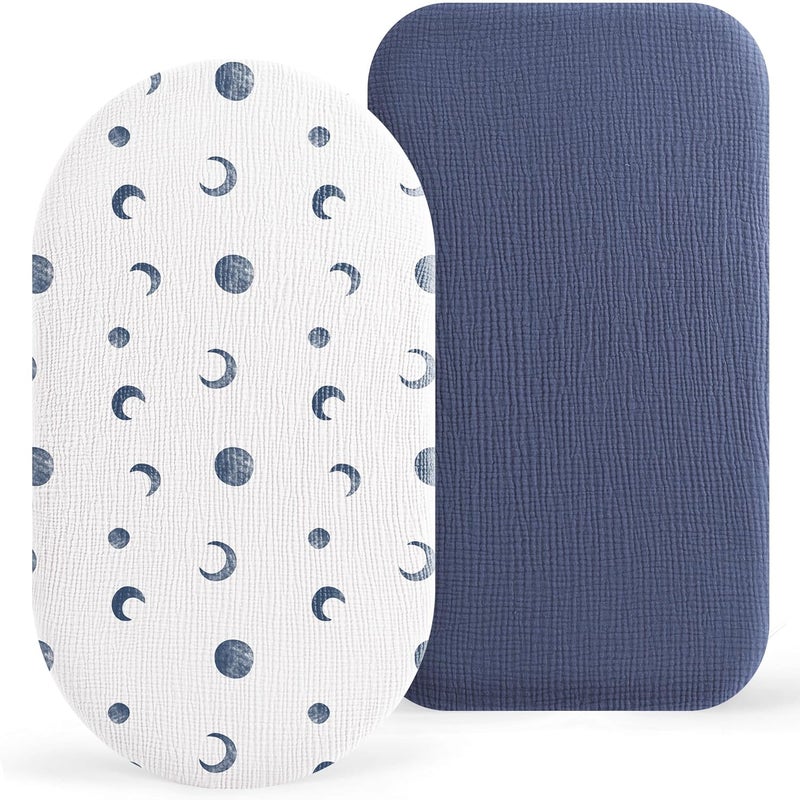 Bearmoss Bassinet Sheets - 2 Pack Muslin Cotton Bassinet Sheets Fits Oval and Rectangle Bassinet Mattress, Breathable and Skin-Friendly for Baby Boy and Girl (Blue Moon&Royal Blue) - Image 1